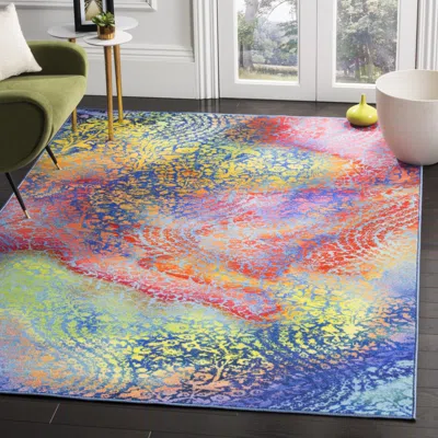 Safavieh Paint Brush Non-slip Machine Washable Area Rug, Blue / Coral Bohemian Style Easy Care In Multi