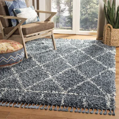 Safavieh Pro Lux Shag Machine Made Area Rug, Blue / Creme Shag / Flokati Style Easy Care In Gray