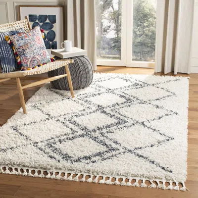 Safavieh Pro Lux Shag Machine Made Area Rug, Cream / Blue Shag / Flokati Style Easy Care In White