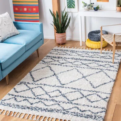 Safavieh Pro Lux Shag Machine Made Area Rug, Ivory / Blue Shag / Flokati Style Easy Care In White