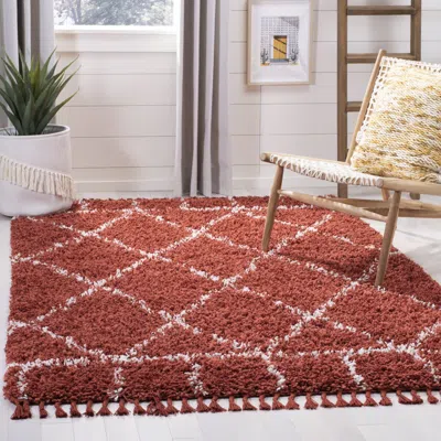 Safavieh Pro Lux Shag Machine Made Area Rug, Rust / Creme Shag / Flokati Style Easy Care In Red