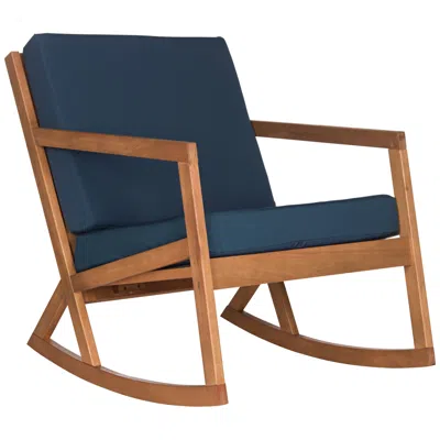 Safavieh Vernon Teak Brown Eucalyptus Wood Outdoor Rocking Chair In Blue