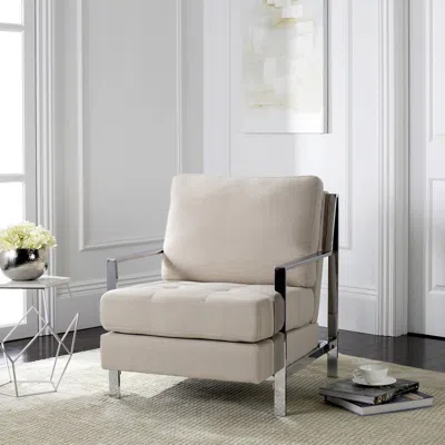 Safavieh Walden Modern Tufted Linen Chrome Accent Chair In White