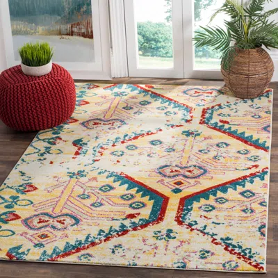 Safavieh Watercolor Machine Made Area Rug, Light Yellow / Blue Bohemian Style Easy Care In Multi