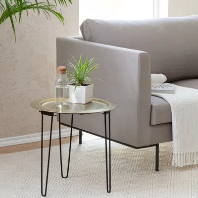 Saffron Fabs Iron Tray Top 3 Legs End Table In Antique Gold