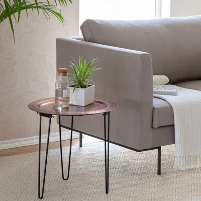 Saffron Fabs Iron Tray Top 3 Legs End Table In Copper
