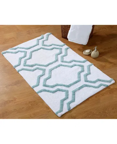 Saffron Fabs Quatrefoil Non-skid Cotton Bath Rug, 24" X 36" In White,arctic Blue