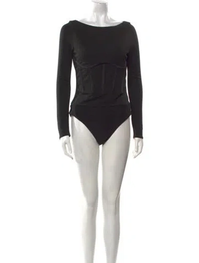 Pre-owned Safiyaa Bateau Neckline Long Sleeve Bodysuit W/ Tags In Black
