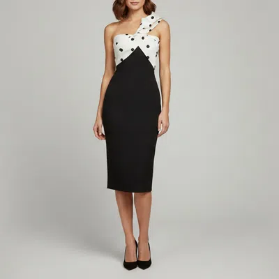 Safiyaa Black Stretch Crepe Draped Polka Dot Midi Dress