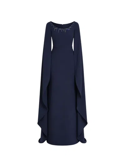 Safiyaa Crystal-embellished Cape-sleeve Maxi Dress In Blue