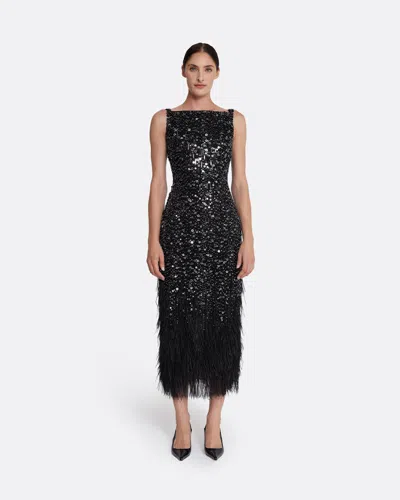 Safiyaa London Federica Midi Dress In Black With Feather Embellishment