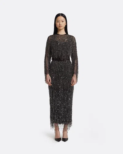 Safiyaa London Lyran Midi Dress In Peat Brown On Black With Gunmetal