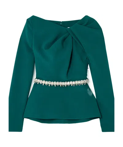 Safiyaa London Manya Belted Draped Crystal-embellished Stretch-crepe Peplum Blouse In Green