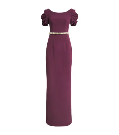 Safiyaa Ruched-sleeve Belted Gown In Burgundy
