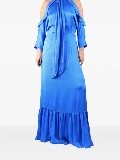 Pre-owned Safiyaa Ruffle-trim Cold-shoulder Maxi Dress In Blue