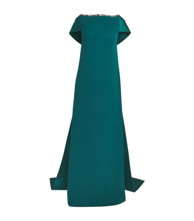 Safiyaa Irene Cape-effect Crystal-embellished Satin Gown In Green
