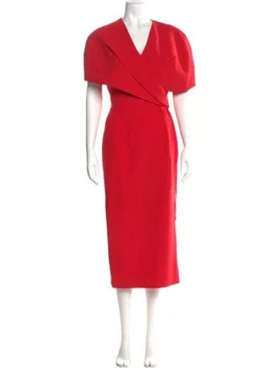 Pre-owned Safiyaa V-neck Midi Length Dress In Red