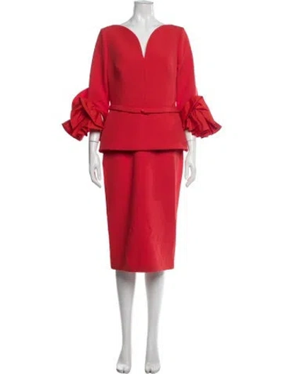 Pre-owned Safiyaa V-neck Midi Length Dress In Red