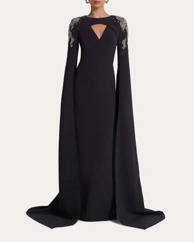 Safiyaa Women's Sarita Embellished Cape-effect Stretch-crepe Gown In Black