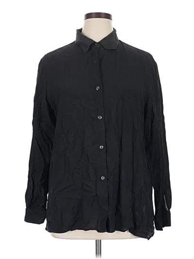Pre-owned Sag Harbor Long Sleeve Silk Top Black Solid Pattern Collared Neckline Tops
