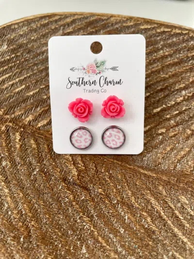 Sage & Clare Women's Rose & Leopard Stud Earrings Set In Pink