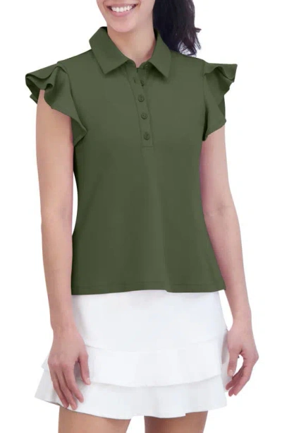 Sage Collective Flyer Ruffled Sleeve Polo In Chive