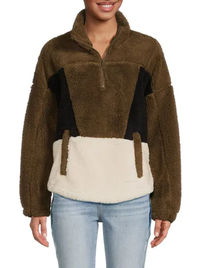 Sage Collective Women's Arise Faux Shearling Colorblock Quarter Zip Pullover In Green Multicolor