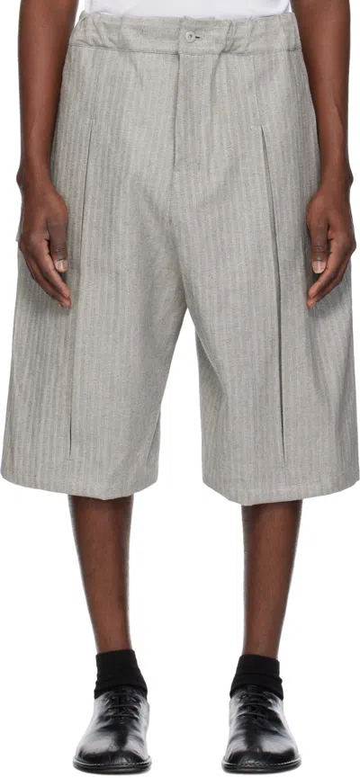 Sage Nation Gray Box Pleat Denim Shorts In Grey Herringbone