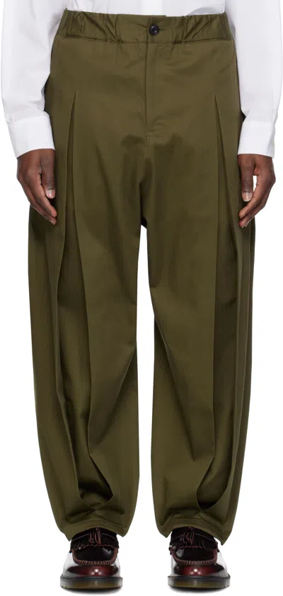 Sage Nation Khaki Box Pleat Trousers In Khaki Green Bd3876
