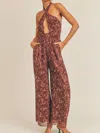 SAGE THE LABEL AURA CUT OUT HALTER JUMPSUIT IN MAHOGANY