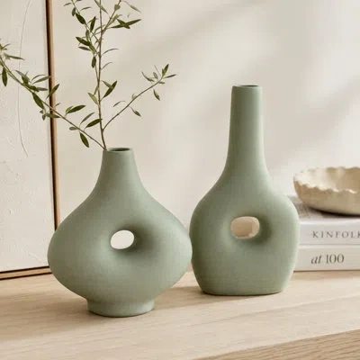 Sagebrook Home 2-piece Vase Set - Modern Ceramic Abstract Table Vases For Home Decor, Contemporary Cutout Flower Va In Green
