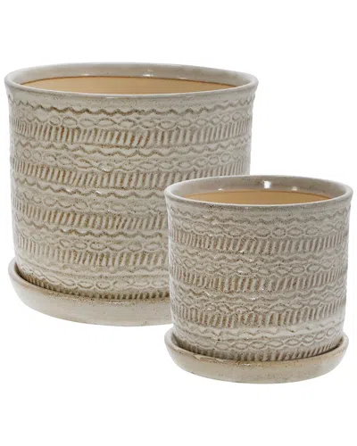 Sagebrook Home Ceramic Tribal Planter Set In Brown
