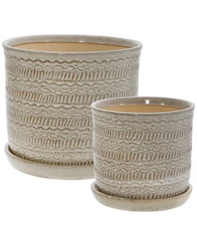 Sagebrook Home Ceramic Tribal Planter Set In Neutral