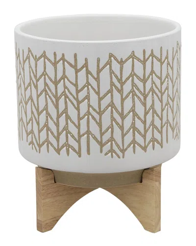Sagebrook Home Chevron Planter With Wood Stand In Ivory