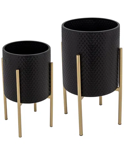 Sagebrook Home Set Of 2 Textured Planters On Metal Stands In Black