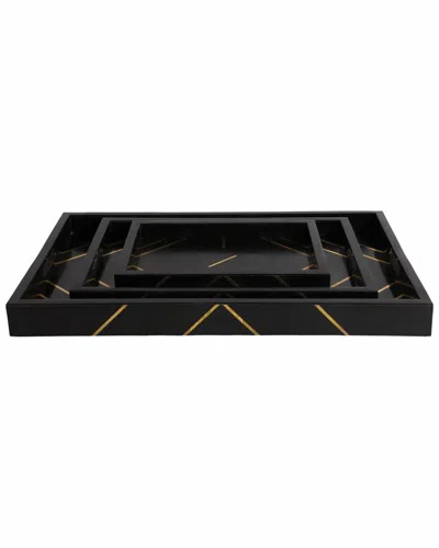 Sagebrook Home Set Of 3 Brass Inlay Rectangle Trays In Black