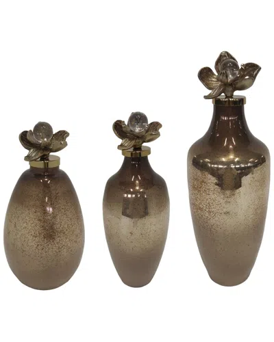 Sagebrook Home Set Of 3 Quincy Glass Bottles With Metal Flower Topper In Brown