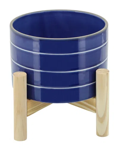 Sagebrook Home Striped Planter With Wood Stand In Blue