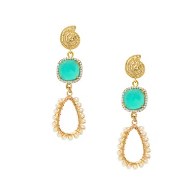 Saharas Essentials Women's Gold Turquoise Seashell Gemstone Drop Earrings