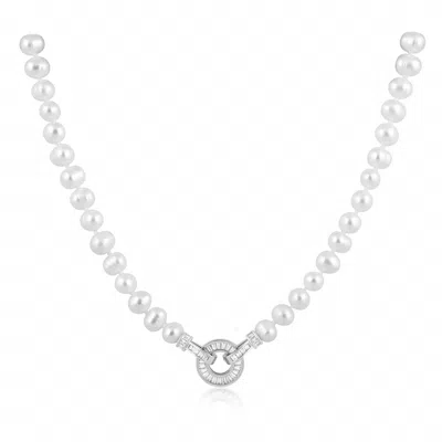 Sahira Kelly Pearl Necklace With Cubic Zirconia Stones In Silver In Metallic