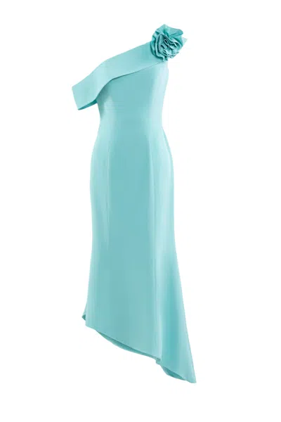 Saiid Kobeisy Asymmetrical Antigua Sand Midi Dress With Detachable Floral Embellishment In Blue