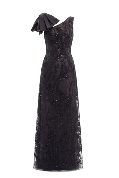 Saiid Kobeisy Asymmetrical Embroidered Bow-detail Maxi Dress In Black