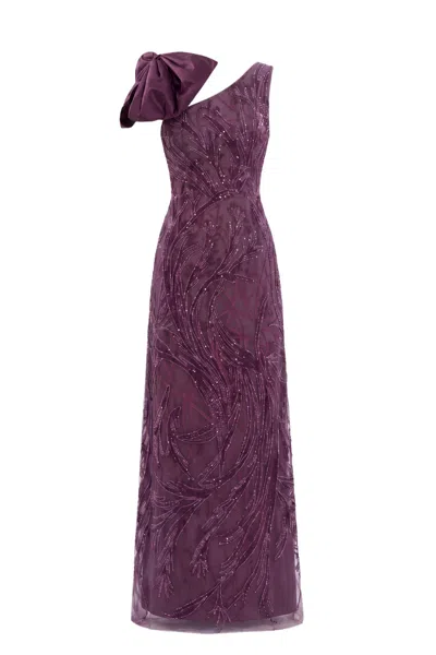 Saiid Kobeisy Asymmetrical Embroidered Bow Maxi Dress In Purple