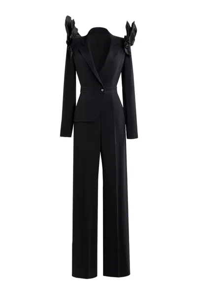 Saiid Kobeisy Asymmetrical Jet-black Crepe Jumpsuit With Tailored Ruffles