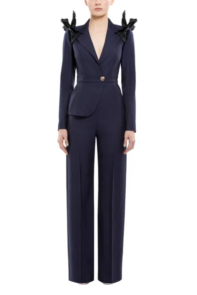Saiid Kobeisy Asymmetrical Ruffled Jumpsuit With Gold Accent In Blue