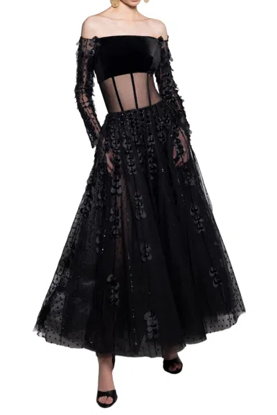 Saiid Kobeisy Beaded Hearts Dress With Velvet Top In Black