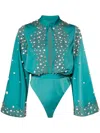Saiid Kobeisy Beaded Long-sleeve Bodysuit In Green
