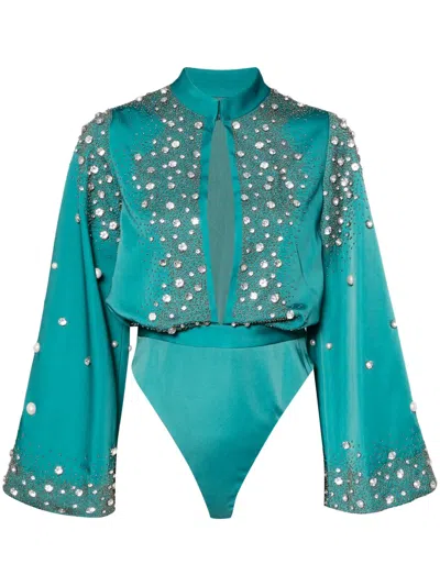Saiid Kobeisy Beaded Long-sleeve Bodysuit In Green