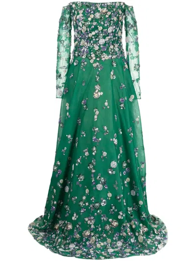Saiid Kobeisy Beaded Off-shoulder Tulle Dress In Green