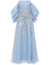 Saiid Kobeisy Organza Dress With Dotted Beading And Pleated Of-shoulder Sleeves In Blue
